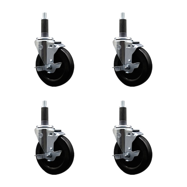 5'' Soft Rubber Swivel 1'' Expanding Stem Caster Set with Brake, 4PK